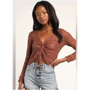Lulus “Only Yours” Crochet Knit Ruched Sweater Top Terracotta M — Cottagecore
